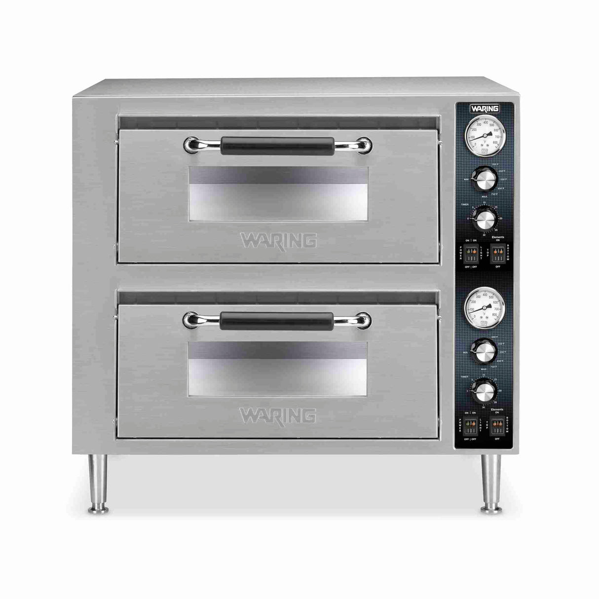 A commercial stainless steel double-deck pizza oven with two pull-down doors, black handles, control knobs, switches, and temperature gauges on the right side panel, all standing on four short metal legs—a perfect countertop pizza oven for any busy kitchen.