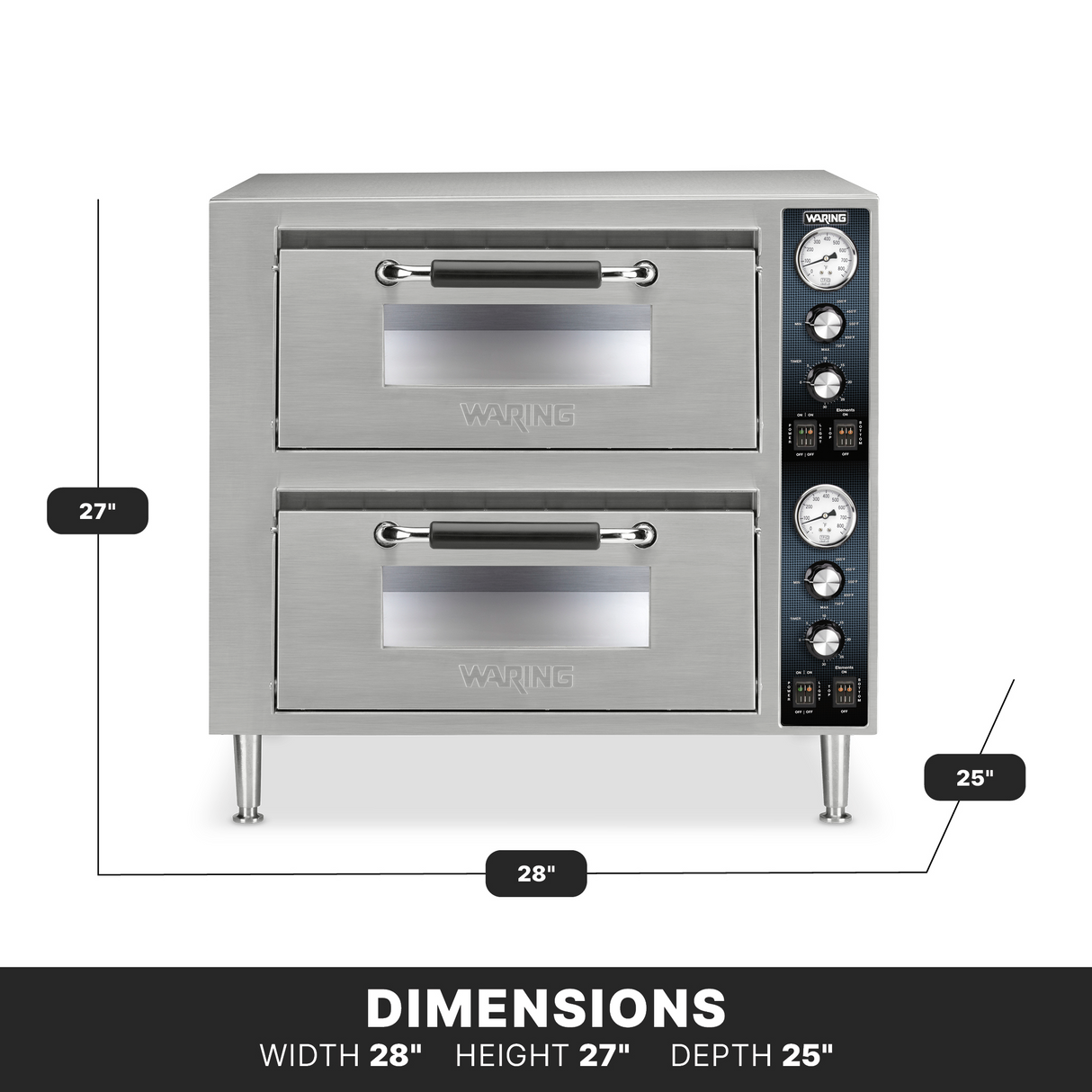 A countertop Double-Deck Pizza Oven crafted from stainless steel with black handles, four dials, and two temperature gauges on the right. The oven stands on four legs. Dimensions: width 28, height 27, depth 25. “DIMENSIONS” is written below.