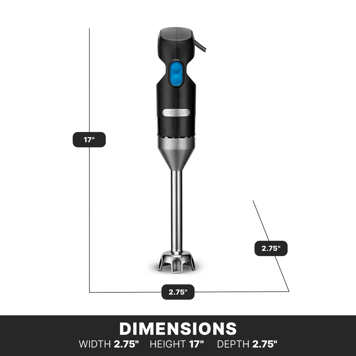A Quik Stik immersion blender is shown upright with a black handle and silver blending shaft. Labeled lines indicate dimensions: height 17 inches, width 2.75 inches, and depth 2.75 inches. The text “DIMENSIONS” appears at the bottom.