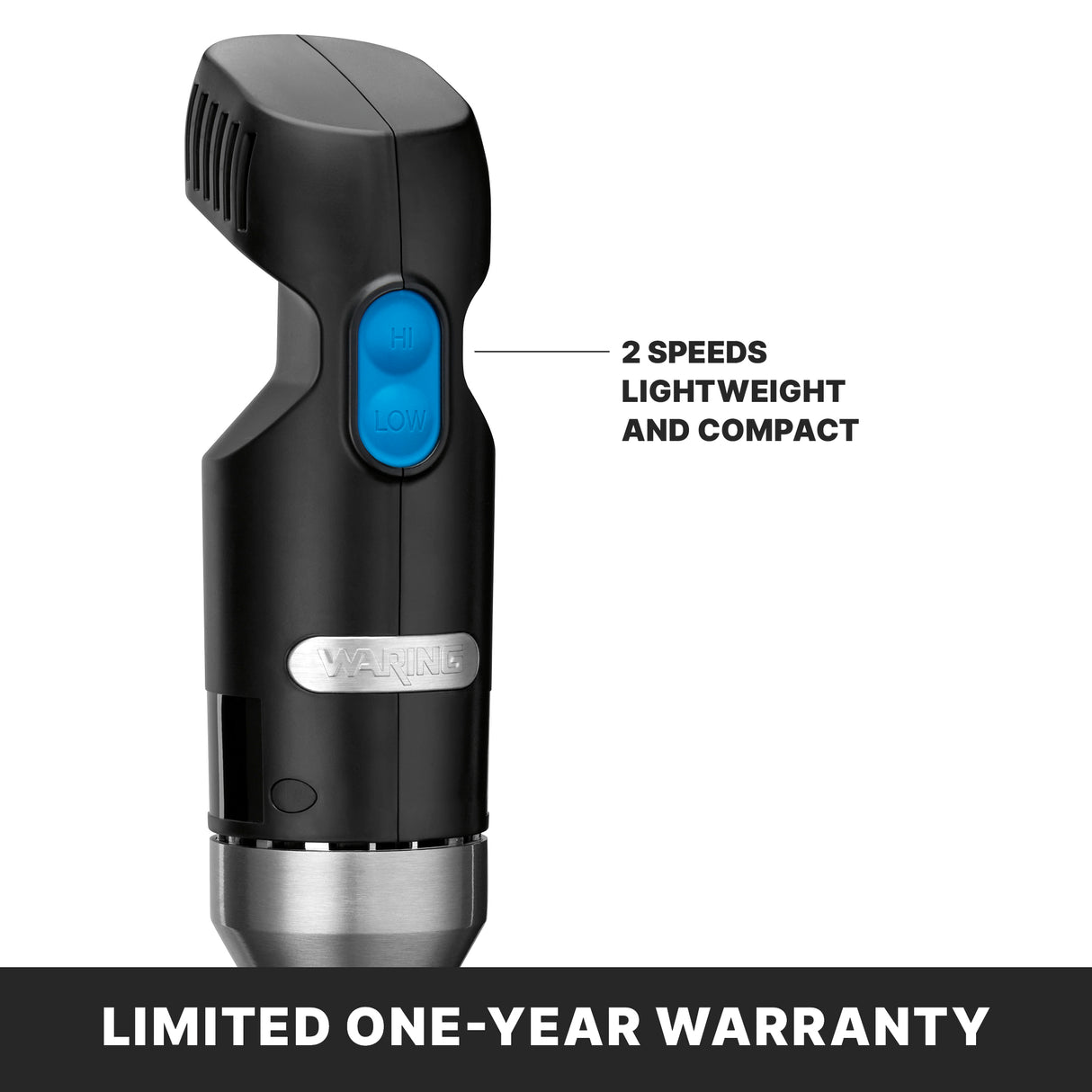 A black Quik Stik handheld device with a blue button labeled “Hi” and “Low.” Text beside it reads “2 speeds, lightweight and compact”—ideal for light duty. A metallic band is at the bottom, plus a banner: “LIMITED ONE-YEAR WARRANTY.”.