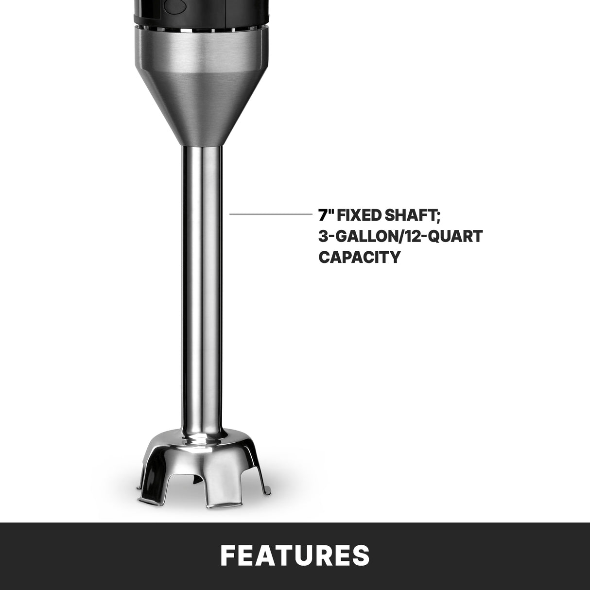 A light duty Quik Stik immersion blender with a 7-inch fixed stainless steel shaft is shown. Text notes its 3-gallon or 12-quart capacity. A black band at the bottom displays "FEATURES" in bold white text.