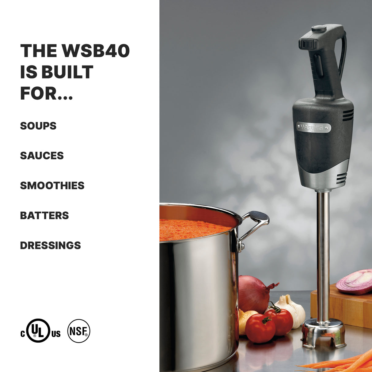A black immersion blender stands upright near a pot of tomato soup, surrounded by onions, garlic, tomatoes, and a red pepper. Perfect for soups and sauces, this medium duty model handles up to 24 qt. capacity. Certification logos are at the bottom.