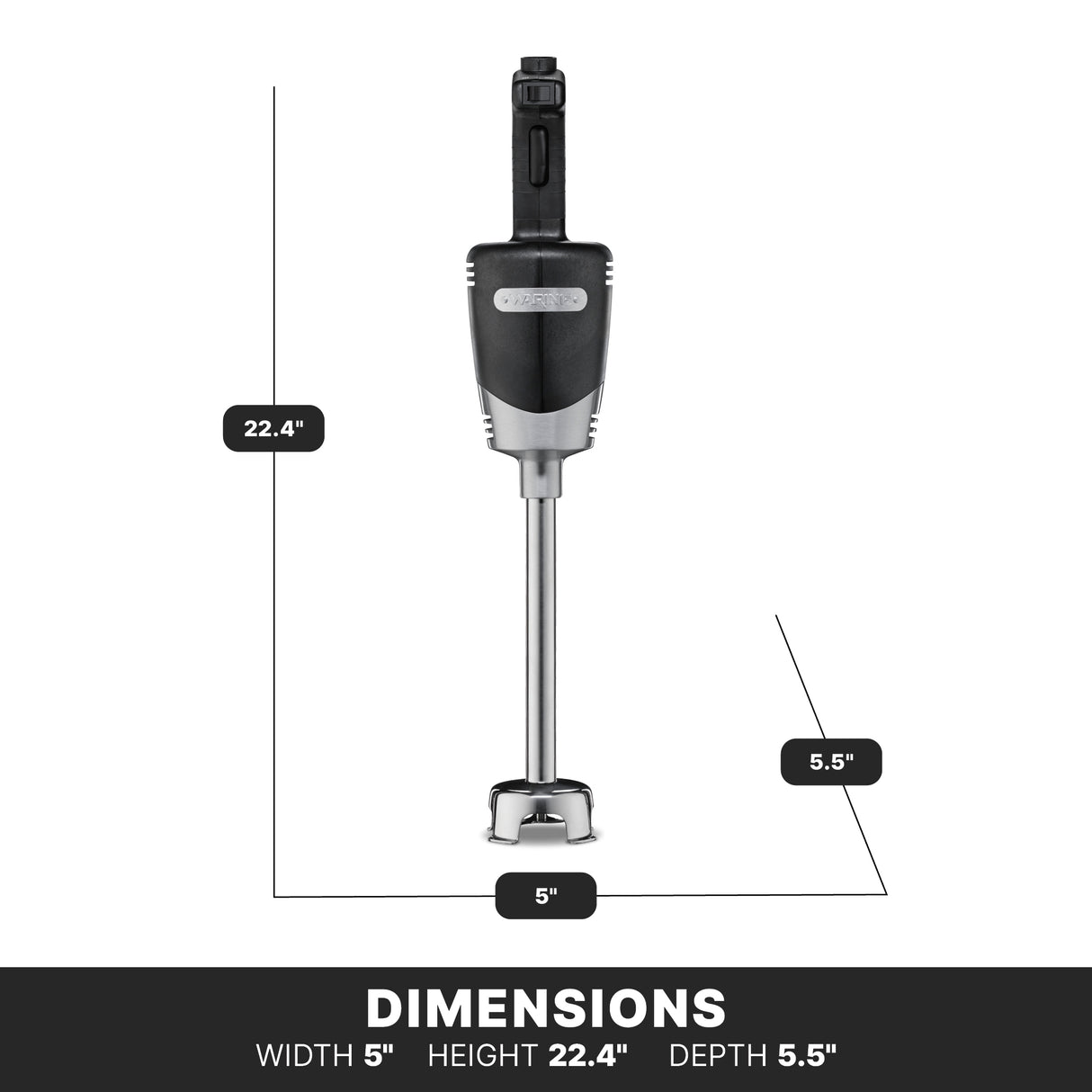A black and silver, medium duty immersion blender stands upright. Lines indicate its dimensions: height 22.4, width 5, and depth 5.5. The background is white, with DIMENSIONS and the size details at the bottom in bold white text on black.