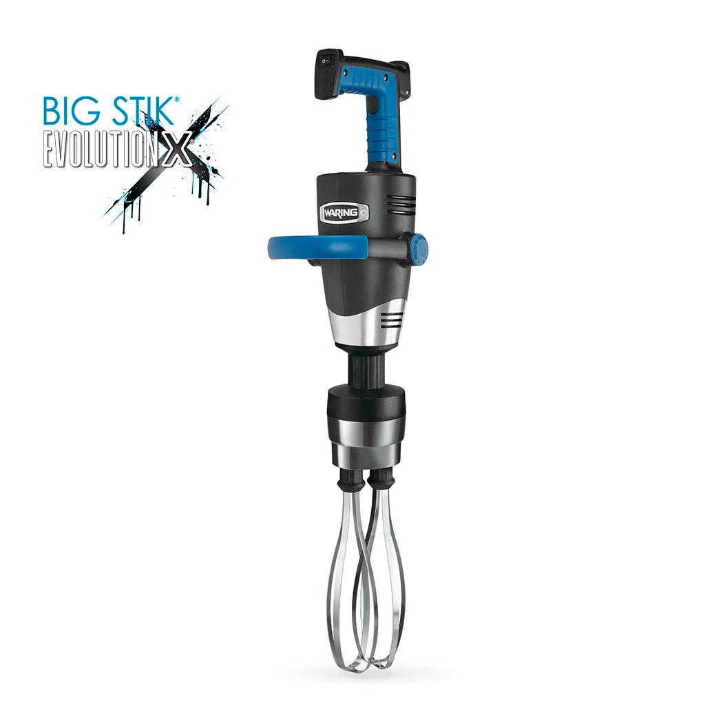 A handheld Waring Heavy-Duty Big Stix immersion mixer, labeled “BIG STIK EVOLUTION X,” features a blue and black handle, support grip, and dual EvolutionX Whisk attachments. It boasts a modern, industrial design on a white background.