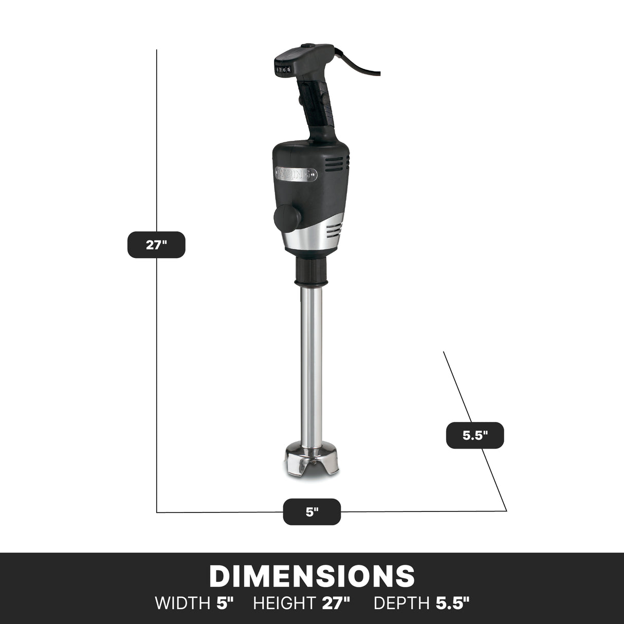 A heavy duty commercial immersion blender with a black handle and metallic blending shaft is shown upright. The dimensions are labeled: 27 inches tall, 5 inches wide, and 5.5 inches deep—ideal for up to 40 qt capacity blending tasks.