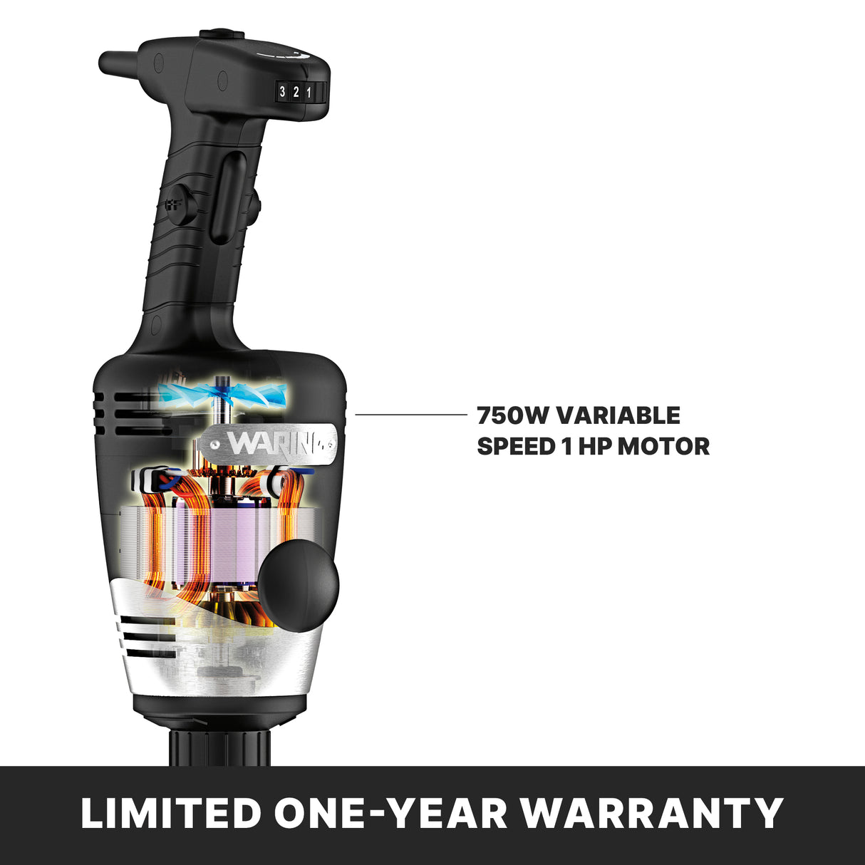 A cutaway graphic of a black heavy duty immersion blender labeled “Waring,” showing internal components. A label points to the 750W variable speed 1 HP motor in its 14" stainless steel shaft. Text below reads, “LIMITED ONE-YEAR WARRANTY.”.