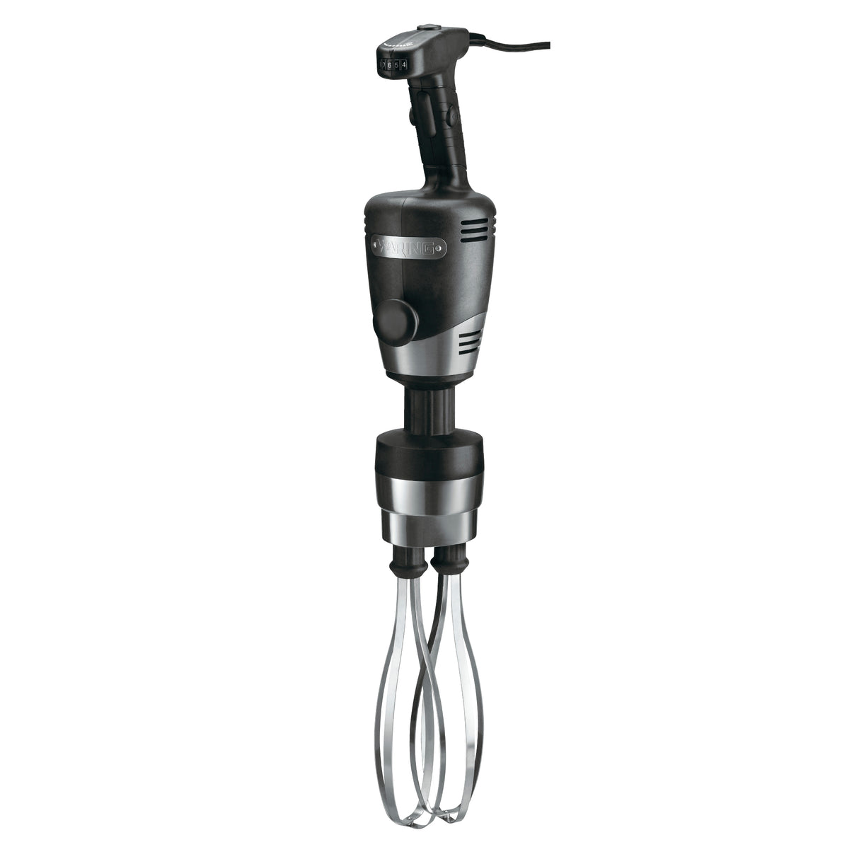 A black and silver commercial hand mixer with a thick handle, control button, and two sturdy stainless steel whisks extending downward. The industrial, robust design features a power cord from the top and stands out against a plain white background.