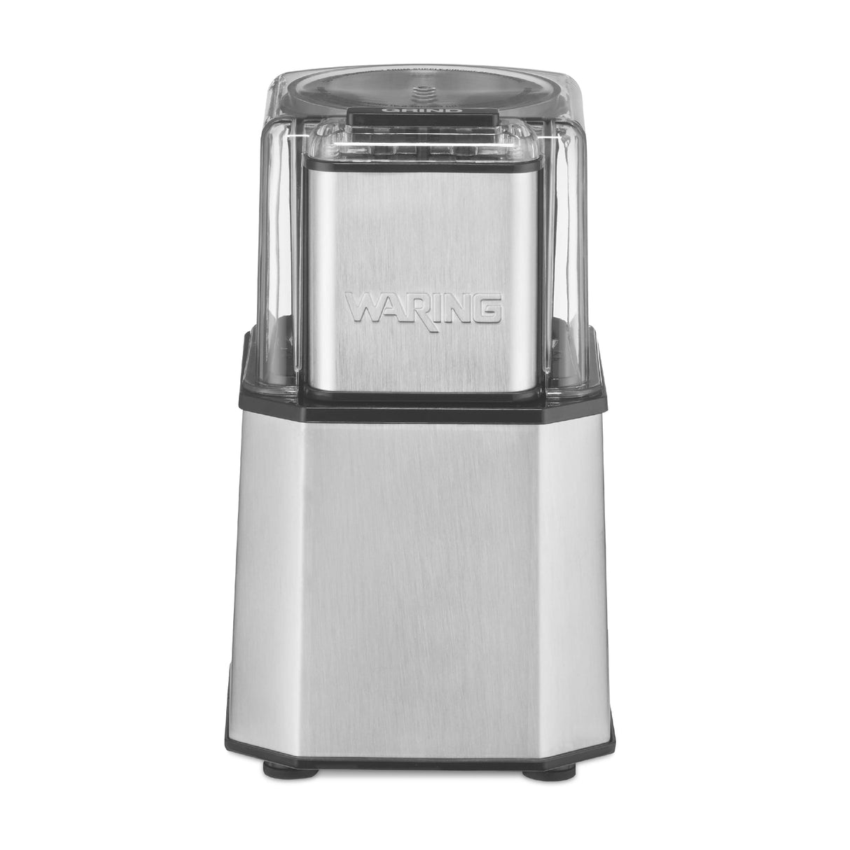 A stainless steel Waring Professional Spice Grinder with a clear plastic lid and black base. The compact, rectangular appliance has the brand name embossed on the front and a sleek, modern design ideal for kitchen countertops.