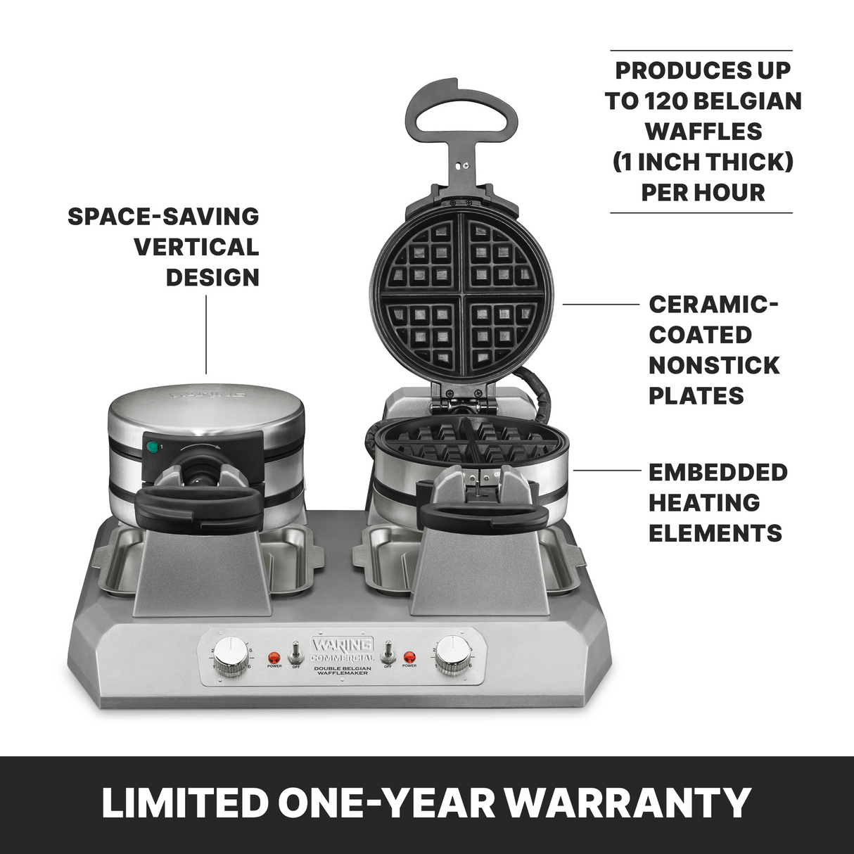A Commercial Belgian Waffle Maker with a stainless steel quad side-by-side design features ceramic-coated non-stick plates, embedded heating elements, and a unique space-saving build. One lid is open to reveal a round waffle. Includes a one-year warranty caption.