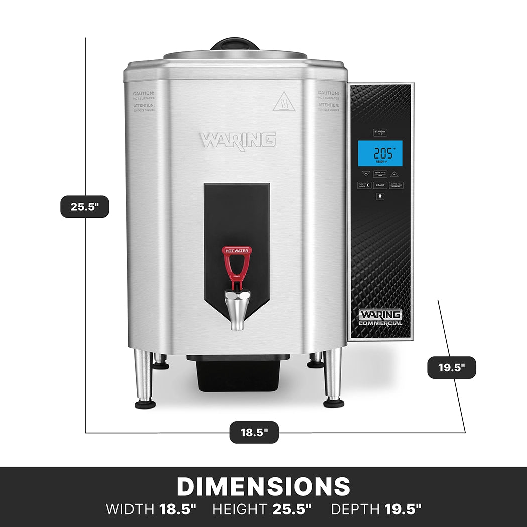 A stainless steel Waring Hot Water Dispenser coffee urn with a digital display showing 205°F. This 10 gallon countertop electric unit features a red faucet, four legs, and a black drip tray. DIMENSIONS: width 18.5, height 25.5, depth 19.5.
