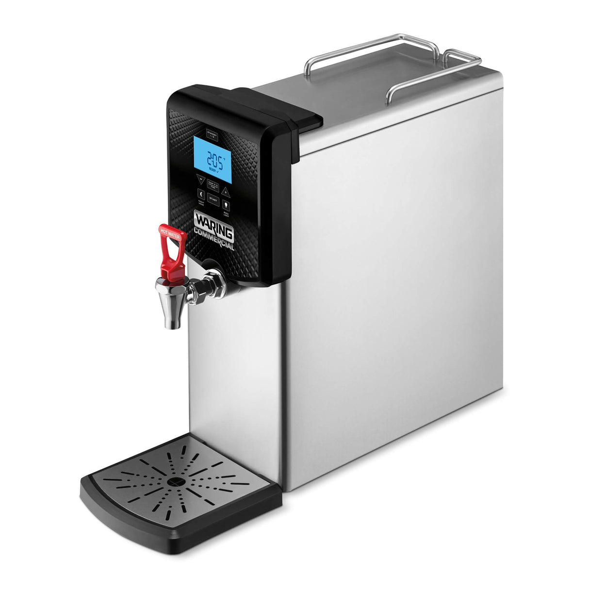 A 3 gallon stainless steel Hot Water Dispenser with a digital display showing 205°F, black controls, red lever spout, drip tray below, and a handle on top. The countertop unit's front panel displays the brand name “Waring” in white letters.