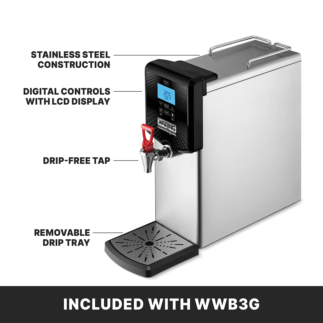 A 3 gallon stainless steel Hot Water Dispenser with digital controls and LCD display. Features include countertop design, drip-free tap with red handle, removable drip tray. Text at bottom reads “INCLUDED WITH WWB3G.”.