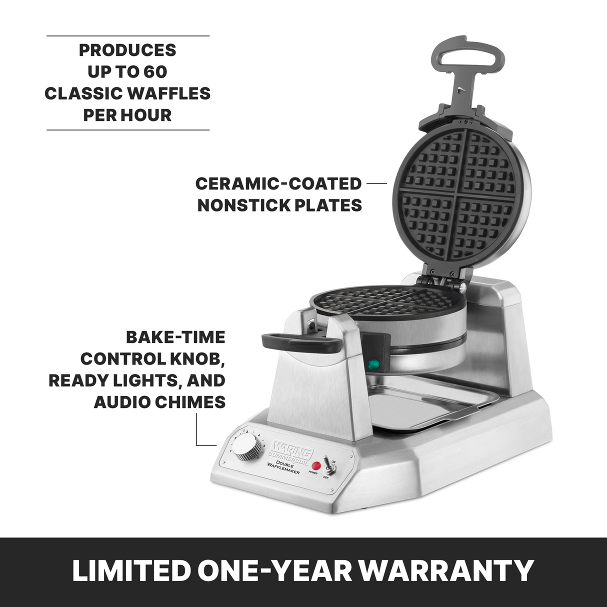 A stainless steel Waring WWD200 double waffle maker with an open lid reveals a round waffle inside. Labels highlight ceramic-coated nonstick plates, a bake-time control knob, indicator lights, audio chimes, and a one-year warranty.