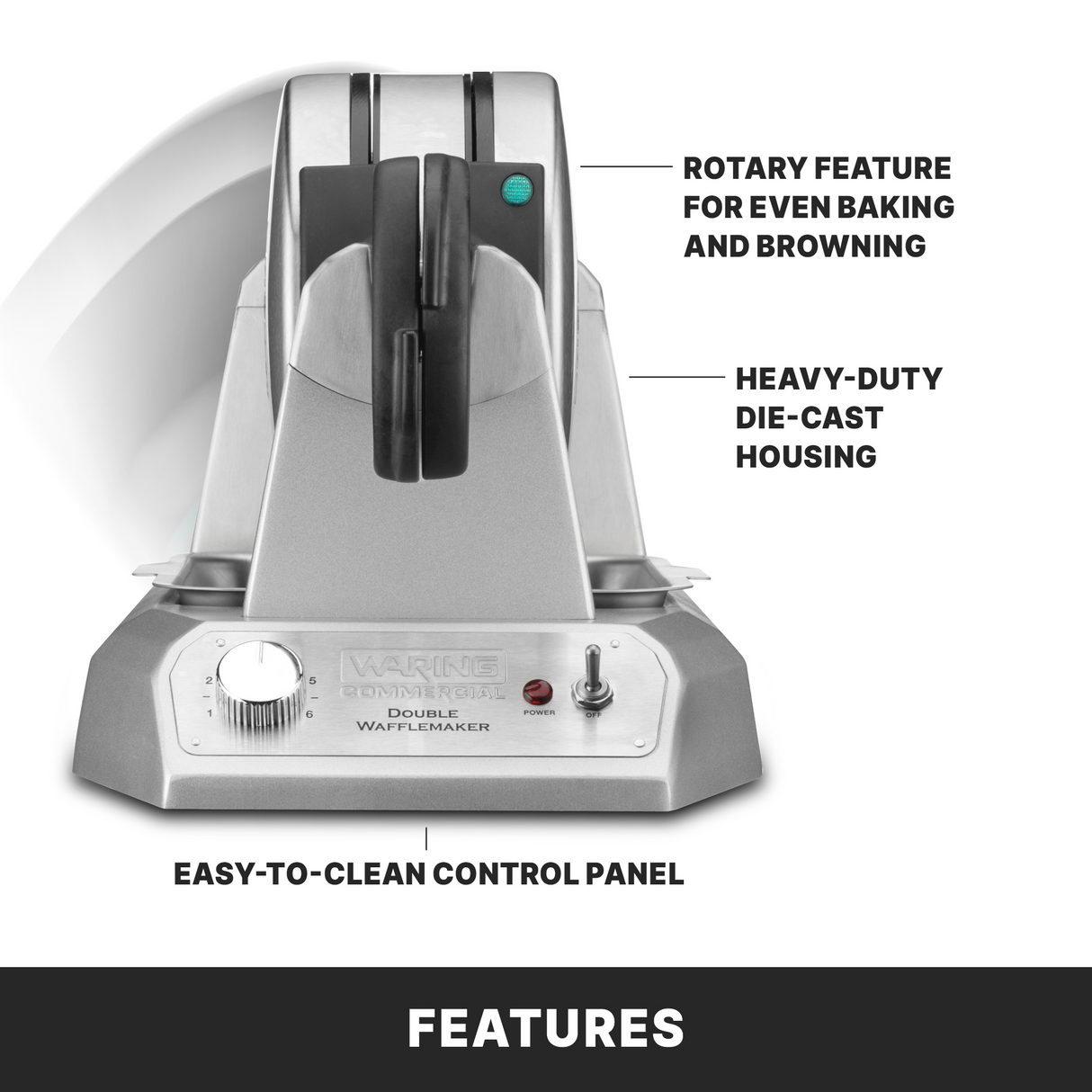 A silver Waring WWD200 double waffle maker with a rotary handle, labeled for even baking, heavy-duty die-cast housing, and an easy-to-clean control panel featuring a dial and switch; the word FEATURES appears below.