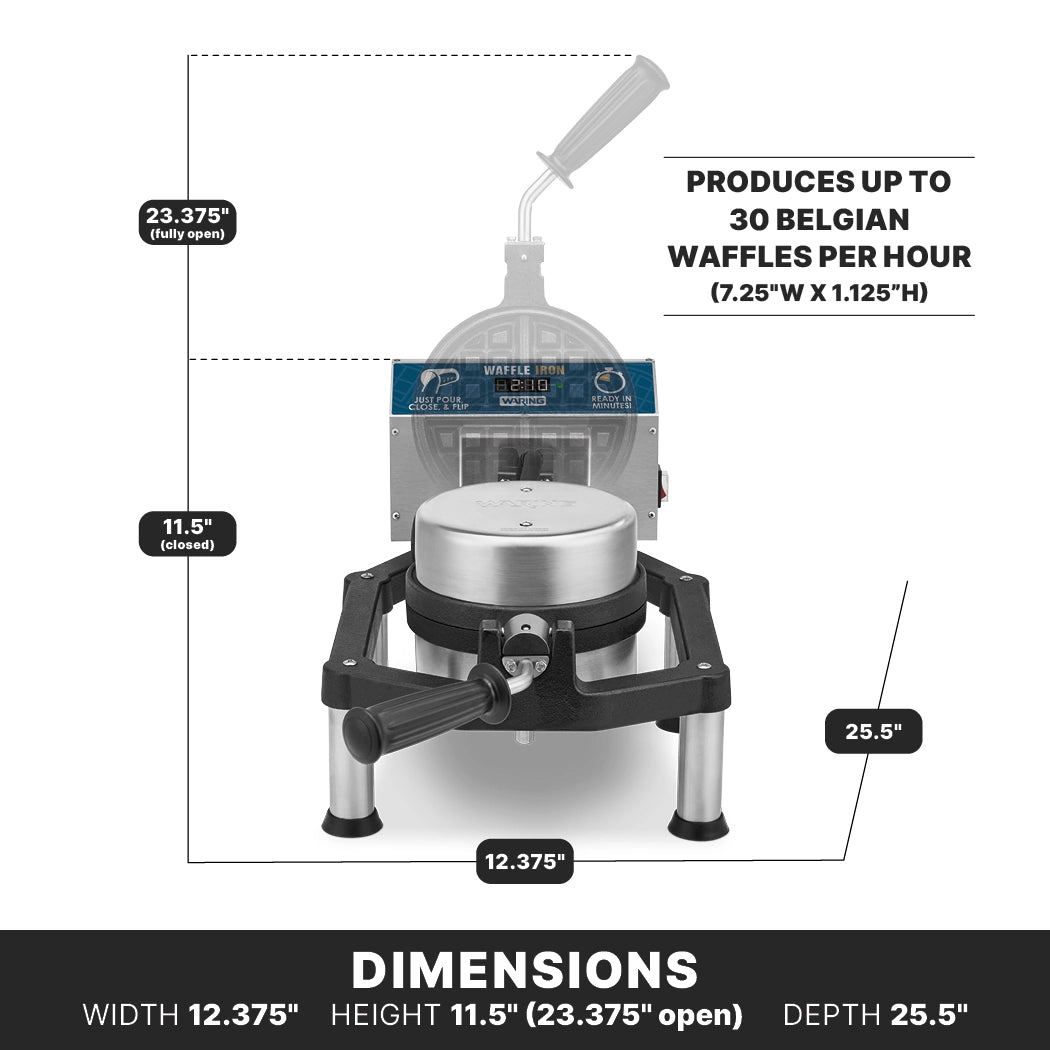 This heavy-duty Belgian Waffle Maker features cast-iron plates, a sturdy handle, and can produce up to 30 waffles per hour. With dimensions of 12.375"W x 25.5"D x 11.5"H (closed), it's perfect for commercial kitchens.