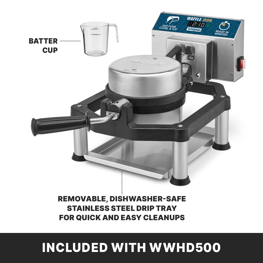 A commercial Belgian Waffle Maker with a stainless steel finish, black handle, and control panel. Cast-iron plates ensure durability. A labeled batter cup and removable, dishwasher-safe drip tray are shown. Text: “INCLUDED WITH WWHD500.”.