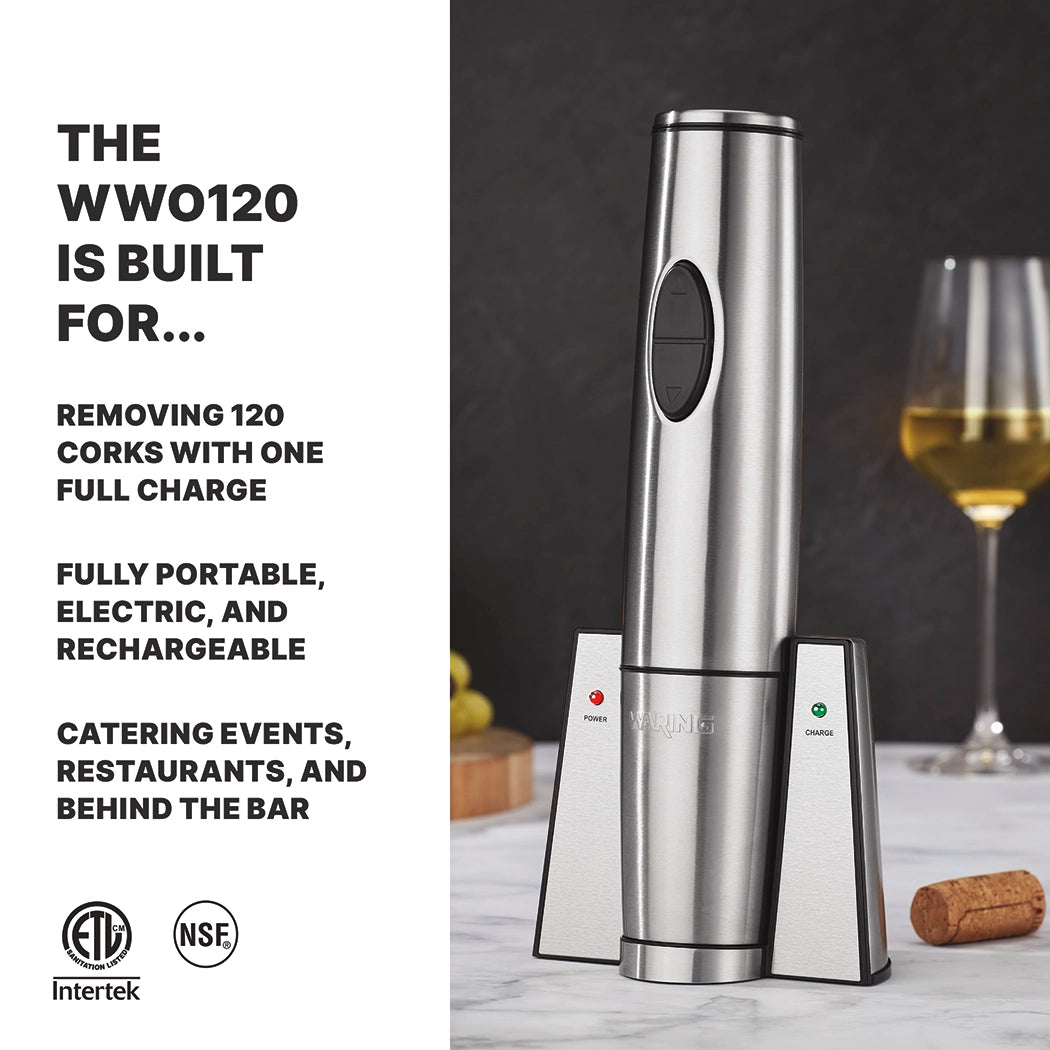A rechargeable wine opener stands upright in its charging base on a kitchen counter, with a glass of white wine nearby. Text highlights features: opens 120 corks per charge, portable design, perfect for catering and bars.