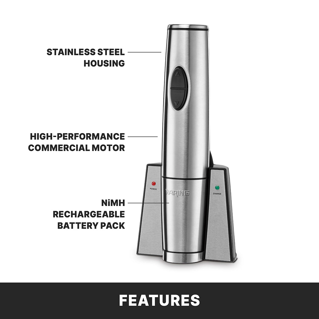 A stainless steel electric wine opener stands upright in a charging base. Labeled features include Stainless Steel Housing, High-Performance Commercial Motor, and NiMH Rechargeable Battery Pack. Two small lights on the base are labeled Power and Charge.