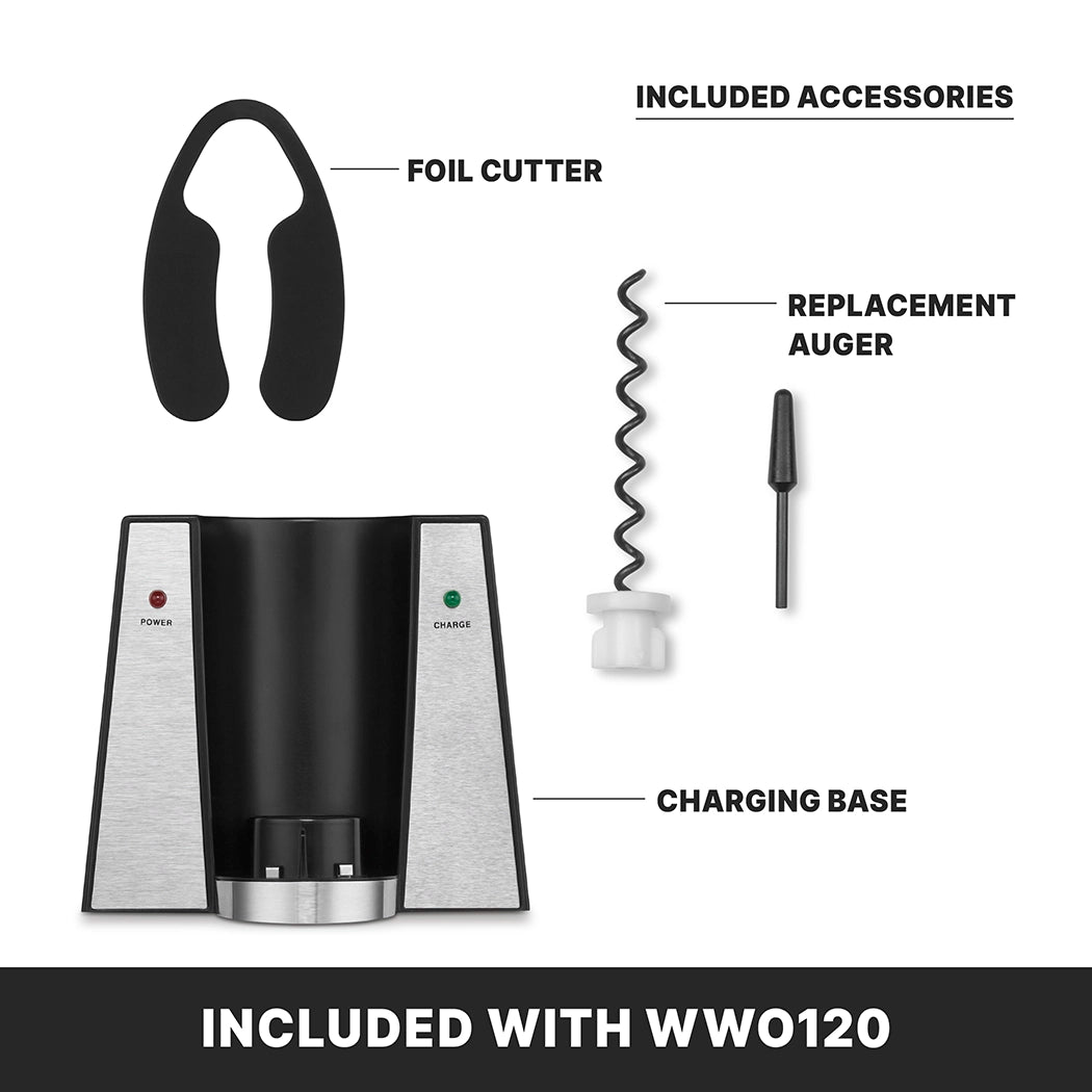 A portable wine bottle opener set includes a charging base with power and charge indicators, a black foil cutter, a replacement auger, and an electric wine opener auger attachment as accessories for model WWO120.