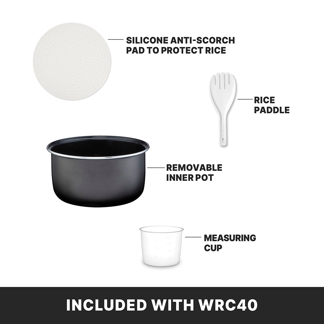 A diagram displays accessories included with the WRC40 commercial rice cooker: a white silicone anti-scorch pad, PFAS-free non-stick ceramic-coated black inner pot, white rice paddle, and transparent measuring cup. Each item is labeled.
