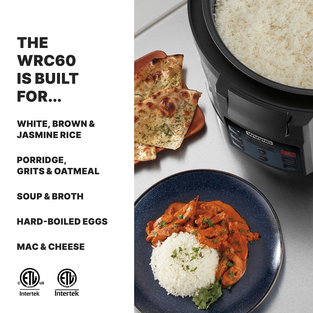 A close-up of a PFAS-free non-stick pot rice cooker filled with cooked white rice sits on a countertop. Nearby, naan bread and a blue plate with rice and curry are visible. A list highlights its multi-cooker uses; certification logos appear below.