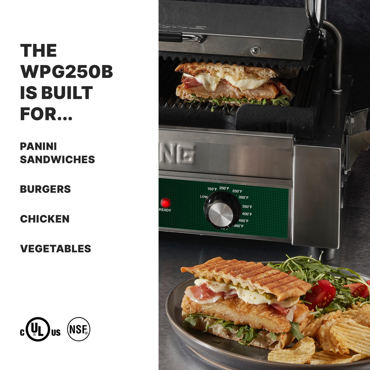 A commercial panini grill with ribbed cast iron plates and an adjustable thermostat sits partially open, toasting a sandwich beside a plated panini filled with chicken, ham, cheese, and greens. Safety certification logos are displayed.