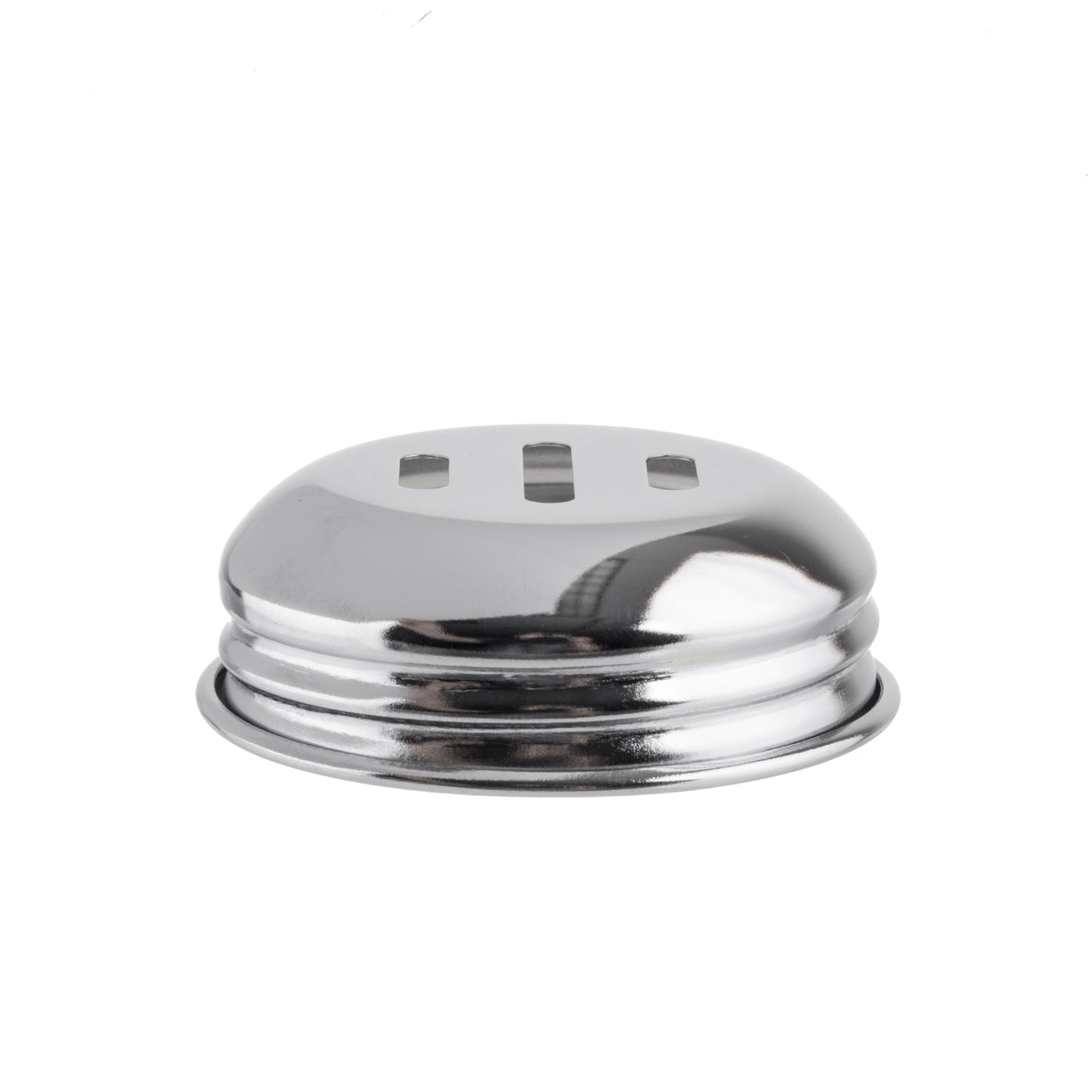 A shiny, round, silver metal object with three rectangular slots on top—likely a replacement shaker top or slotted chrome lid—is shown against a plain white background. Its reflective, smooth surface and ridged edges evoke classic swirl glass shakers.