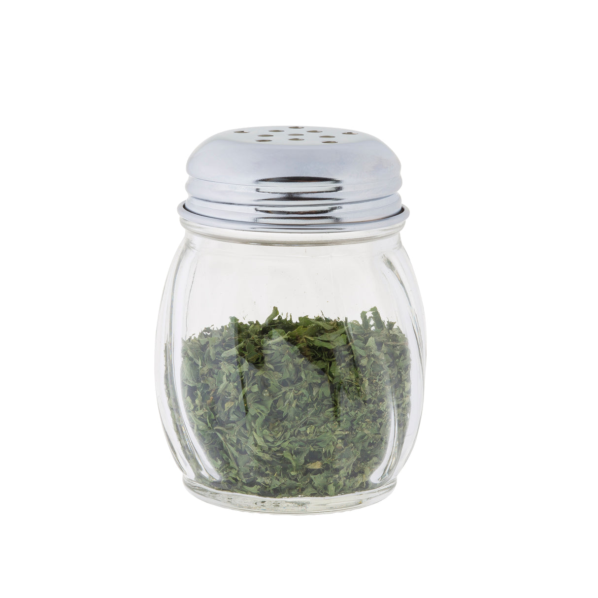 A clear polycarbonate shaker filled with dried green herbs, topped with a shiny metal lid featuring small holes. The BPA free jar is isolated on a white background.