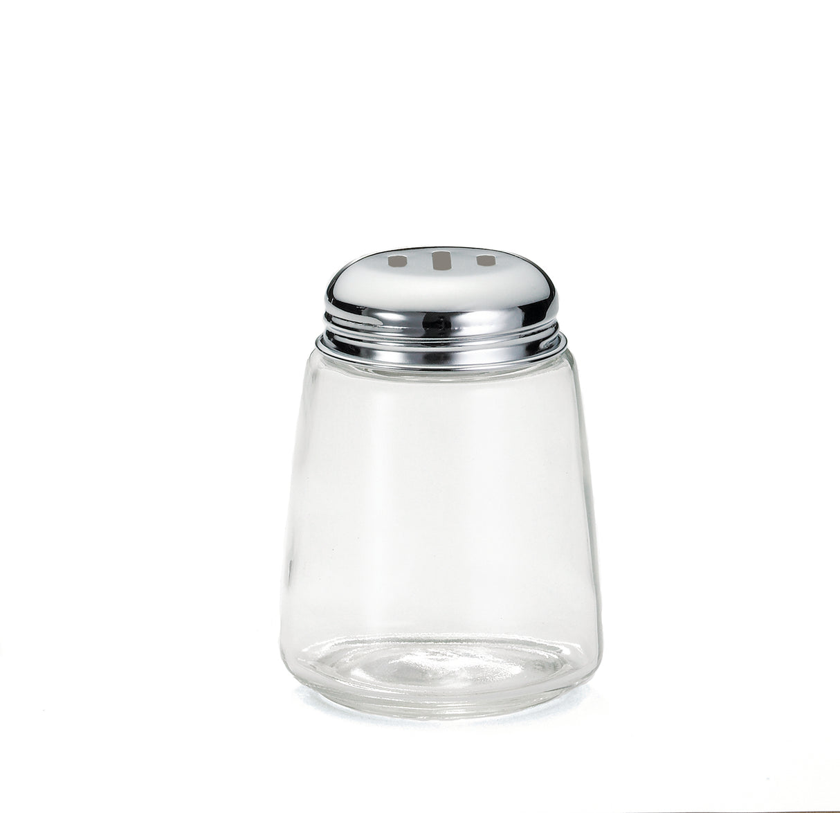A clear, empty glass cheese shaker jar with a wide base and a shiny metal screw-on lid featuring multiple oval holes for easy dispensing. The jar sits centered on a white background, perfect for any kitchen or table.