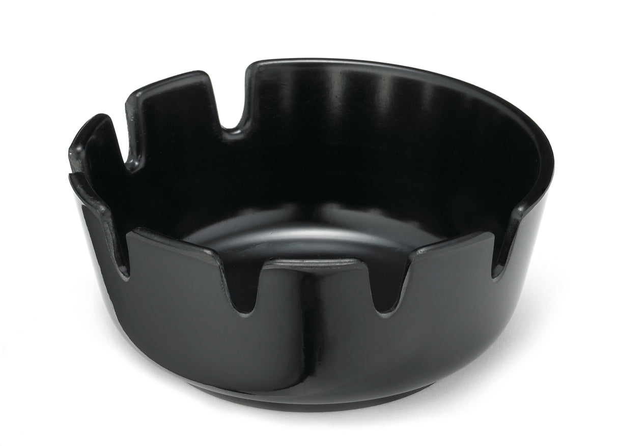 A glossy black ceramic deepwell ashtray with a round shape and four wide, evenly spaced notches cut out along the rim, giving it a distinctive, modern appearance. The surface is smooth and reflective, and the bowl sits on a flat base.