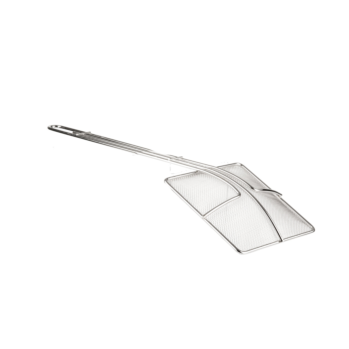 A nickel plated silver wire mesh fly swatter with a long handle and rectangular fine mesh head, photographed on a white background. The handle has a small hole for hanging. The design is simple and utilitarian.