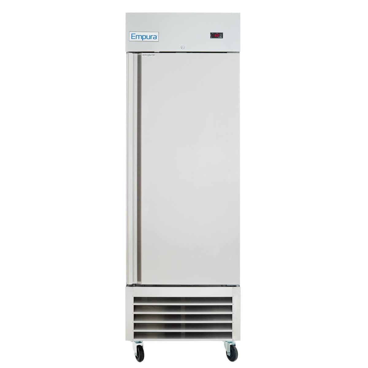 A tall, stainless steel Reach-In Refrigerator with a single solid door, digital display at the top right, handle on the left edge, vented bottom section, four wheels, and an Empura brand label on the top left of the door.