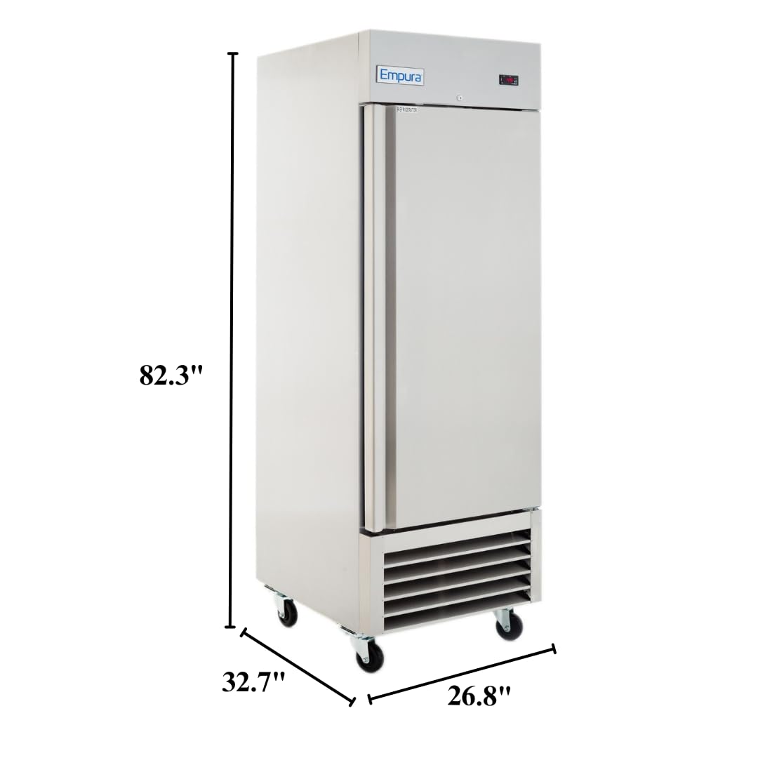This tall, stainless steel reach-in refrigerator by Empura features a single door and stands on four wheels. Dimensions are 82.3 high, 32.7 deep, and 26.8 wide with a vent at the bottom front—ideal for commercial refrigeration needs.