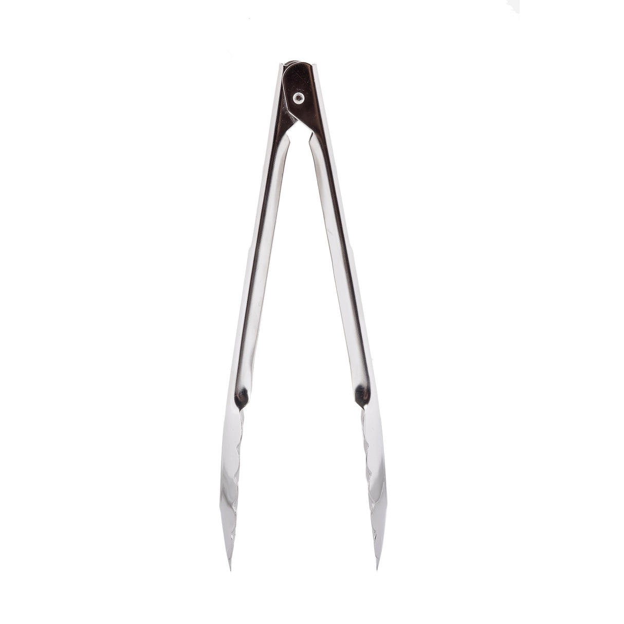 Stainless steel utility tongs with scalloped edges, viewed upright and open, isolated on a white background. The handles are straight and the gripping ends are slightly curved. These dishwasher safe tongs offer precise control for any kitchen task.