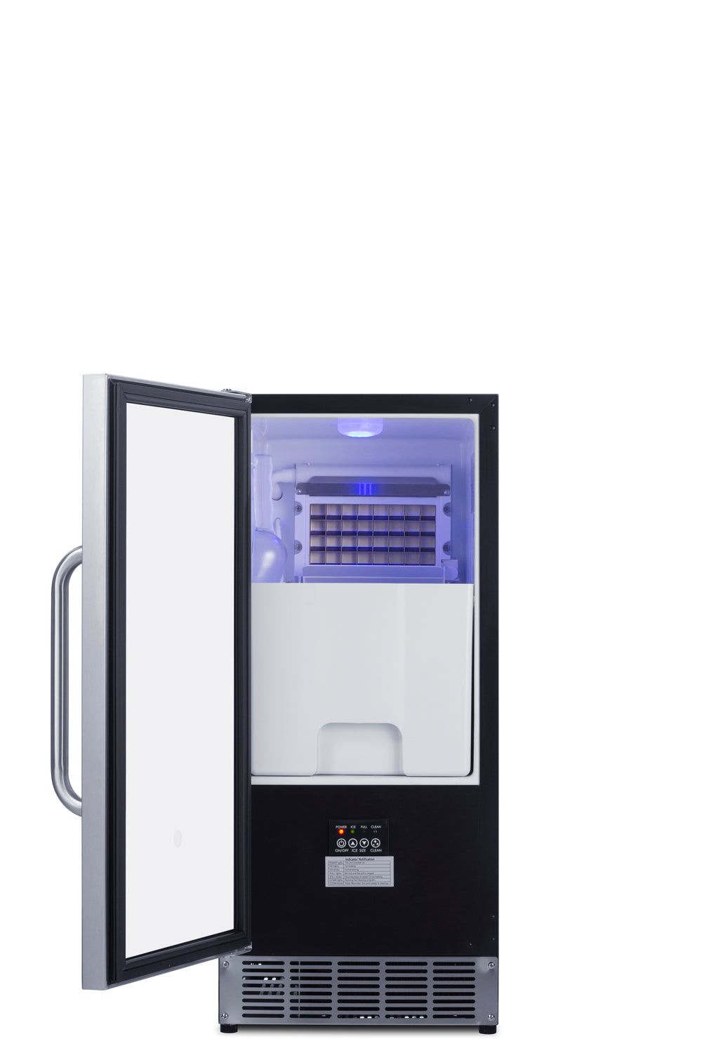 A stainless steel ice maker with the door open reveals an illuminated interior. This undercounter clear icemaker features an ice tray and storage compartment, a sleek black exterior with a silver handle, and vented control labels at the bottom front.