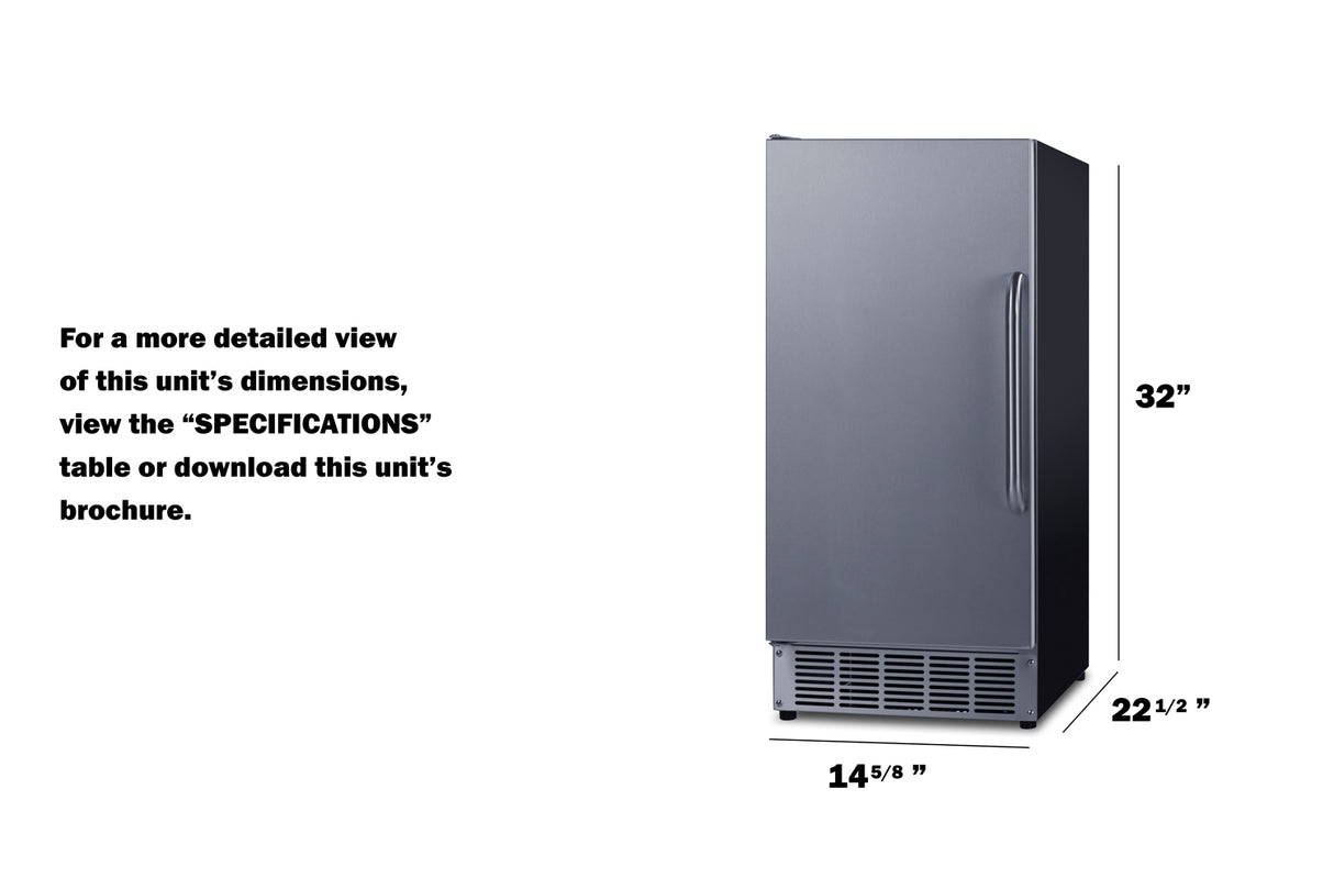 A black, upright rectangular clear ice maker with a handle is shown on a white background. Its dimensions are labeled: 32 inches tall, 14⅝ inches wide, and 22½ inches deep. Text to the left gives instructions for viewing more detailed specifications.