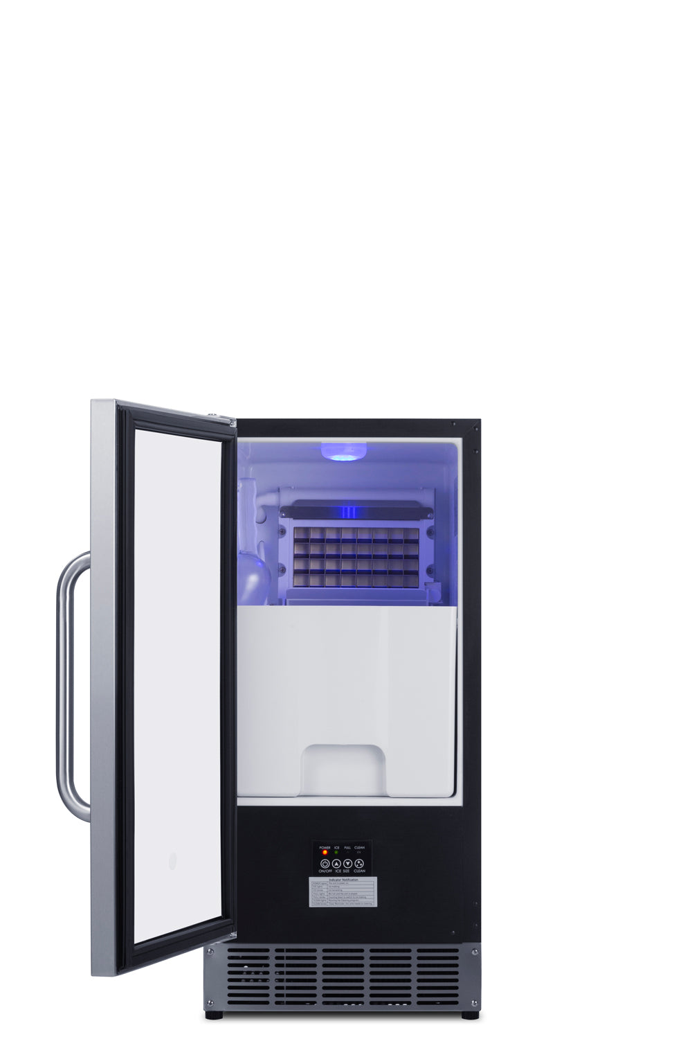 A modern black and stainless steel built-in ice maker with its door open reveals the illuminated ice-making compartment and control panel at the bottom front. The interior features a grid for forming ice and a storage bin below, with the handle on the left side.