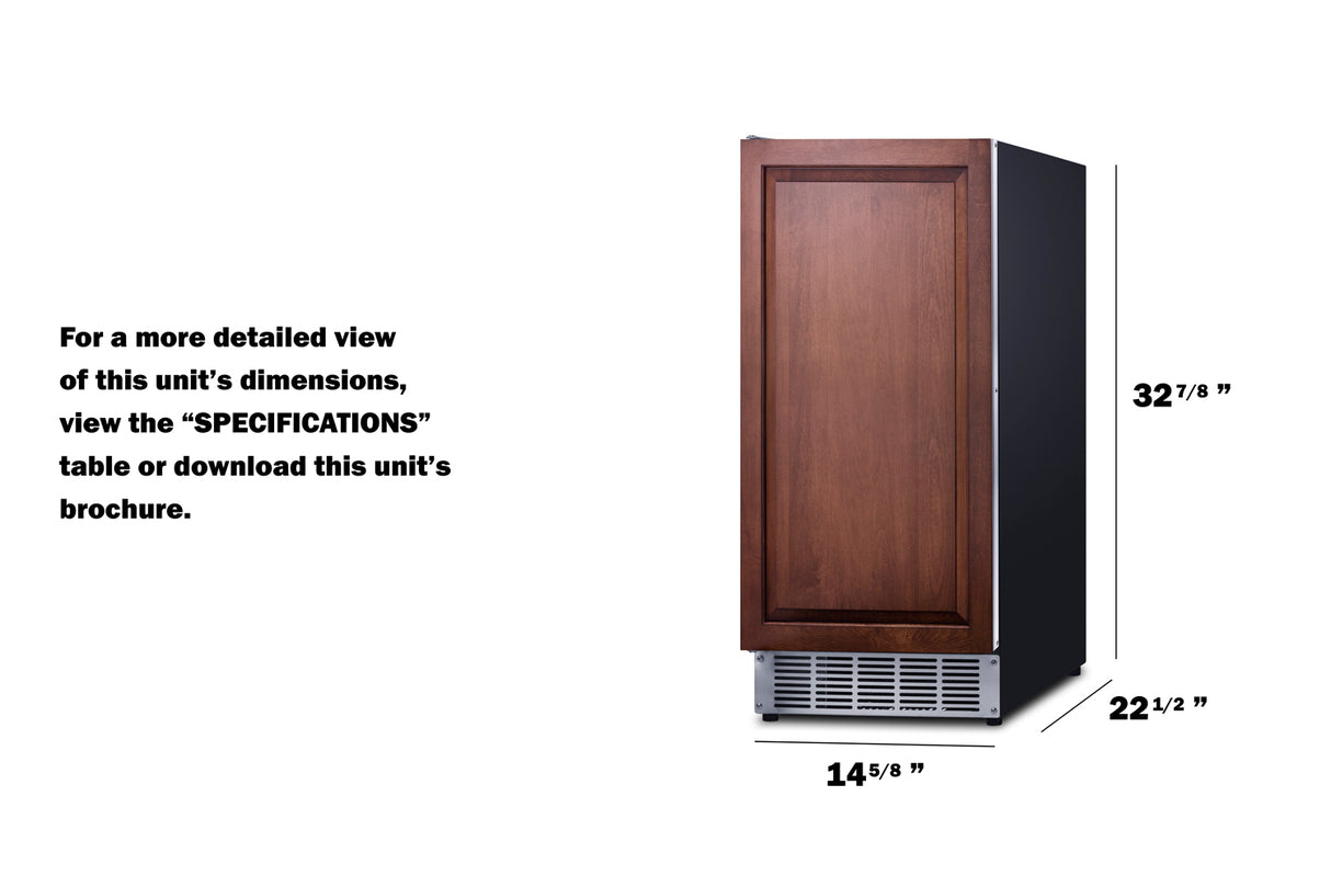A front-facing built-in ice maker with a wooden door panel and metal vent at the base. Dimensions are 32 3/8" tall, 22 1/2" deep, and 14 5/8" wide. See the specifications table or brochure for more details on this undercounter clear icemaker.