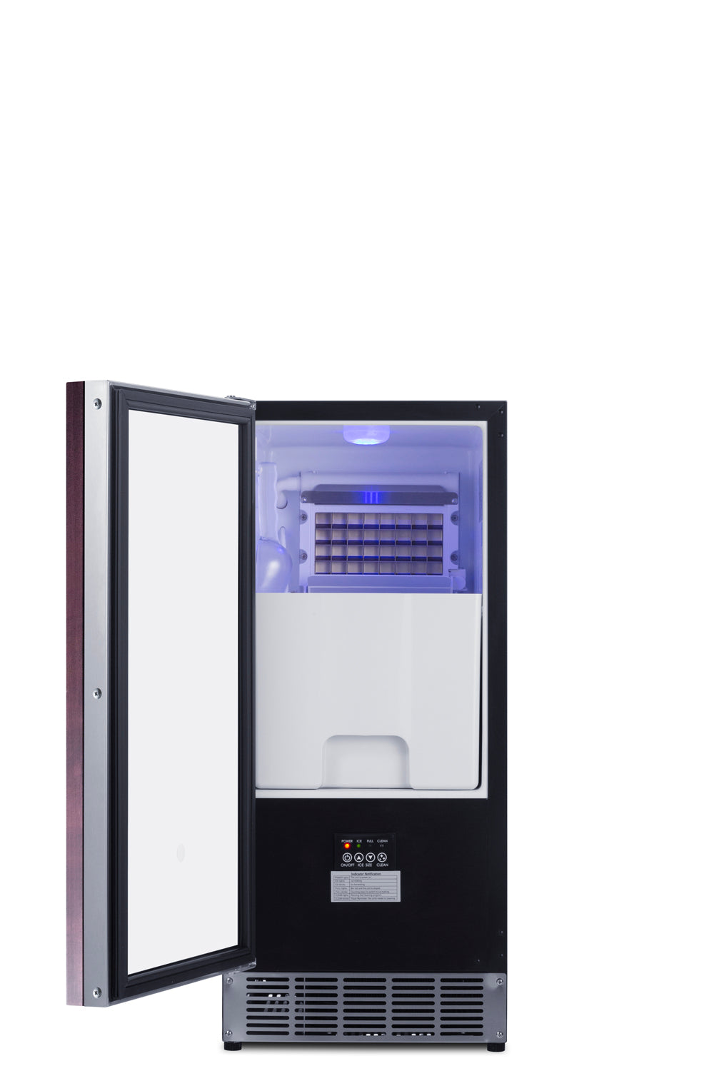 A front-facing, black undercounter clear icemaker with its door open to the left reveals a lit interior with an ice bin and ice-making components. The silver-framed exterior door and vented grille highlight this residential commercial ice machine against a white background.