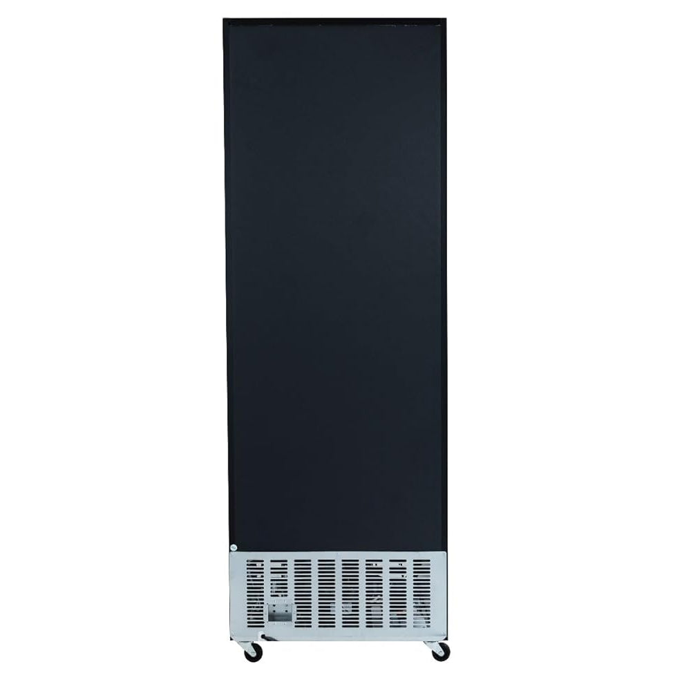 A tall, rectangular, black refrigerated merchandiser—like the Empura EGM-23B—is viewed from the back; its lower section features a silver vent panel with small horizontal slits and four caster wheels at the corners for easy commercial food storage mobility.