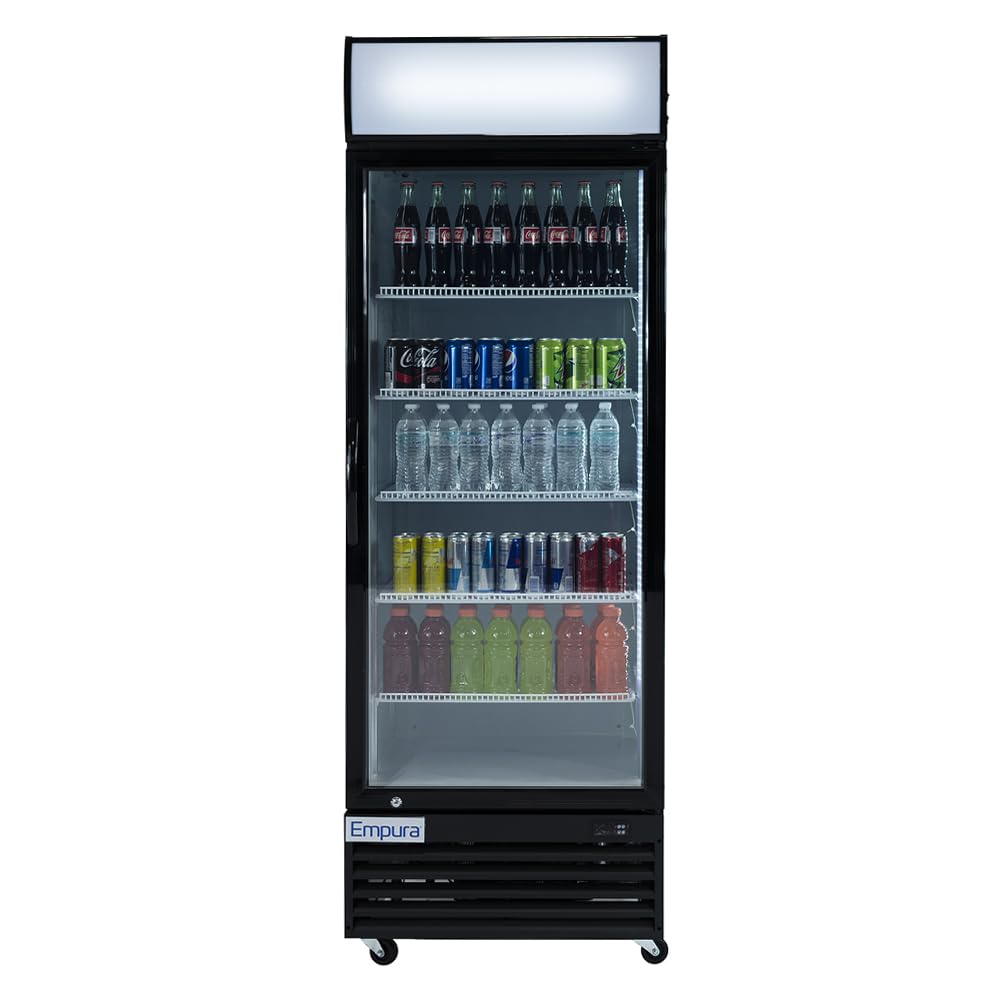 A glass-front refrigerated merchandiser displays assorted beverages: Coca-Cola and Sprite on the top shelves, bottled water in the middle, and colorful drinks like Gatorade on the bottom. The Empura EGM-23B logo highlights its commercial food storage reliability.