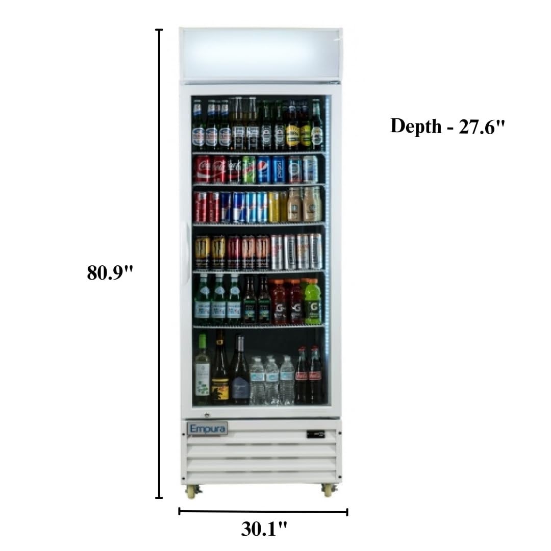 A tall, white Empura refrigerated merchandiser with a glass door displays assorted drinks. Five shelves hold bottles and cans of water, soda, juice, and energy drinks. Height is 80.9, width 30.1, and depth 27.6 inches.
