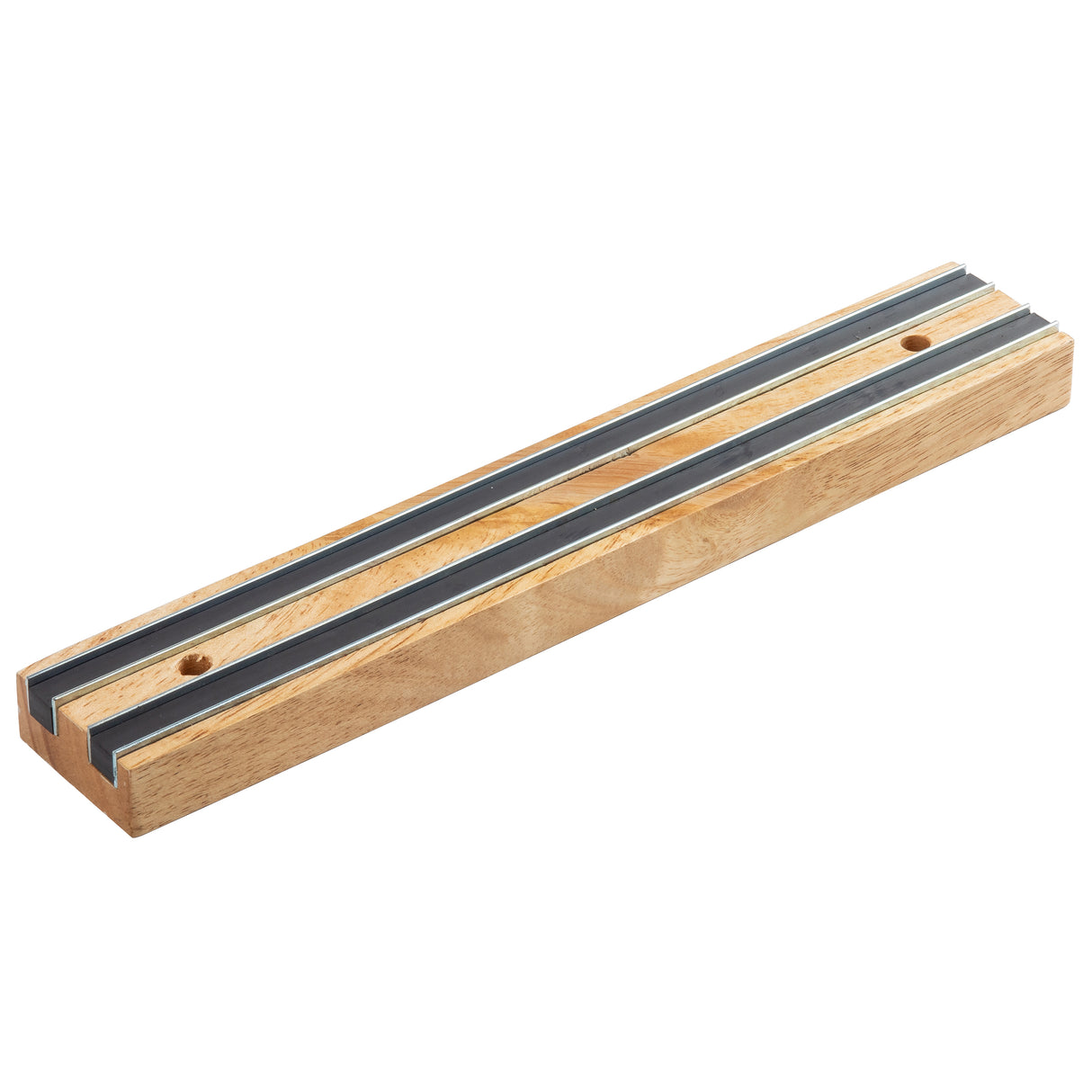 A rectangular wood magnetic holder with two parallel black magnets along its length and two wall mount holes, set against a white background.