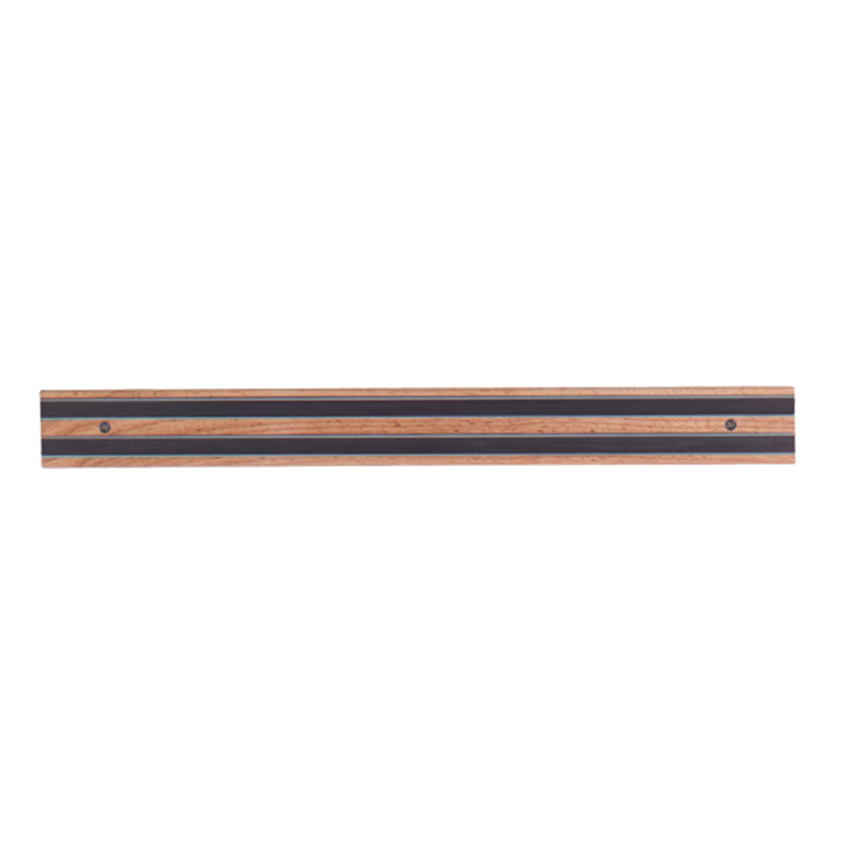A wooden magnetic holder with alternating light and dark wood stripes, mounted horizontally on the wall. Two screws secure this smooth, flat wall mount, which is designed to hold metal kitchen tools securely in place.