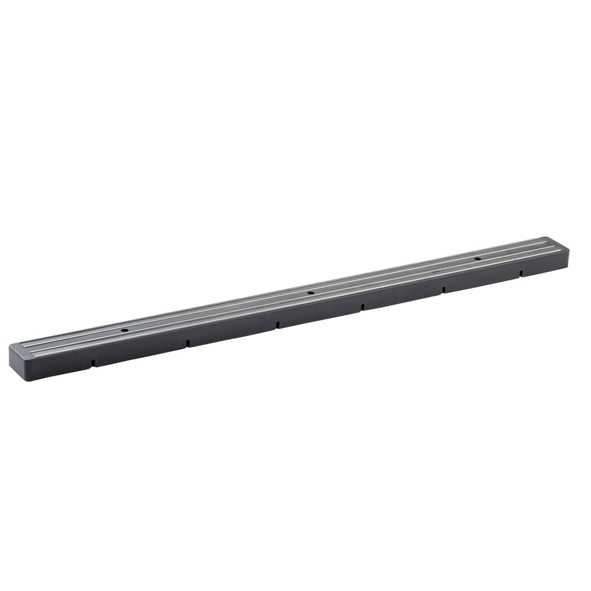 A long, rectangular metal bar with a dark finish, this TableCraft wall mount features evenly spaced holes along its length and two shallow grooves near the top surface. The bar is displayed on a plain white background.