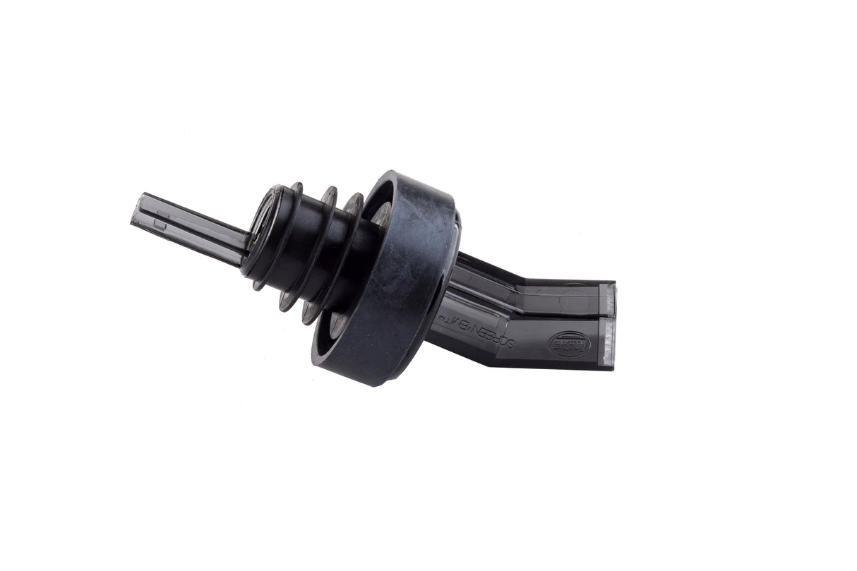 A black plastic automotive sensor with a cylindrical base, ridged rubber gasket, and a BPA free rectangular connector, isolated on a white background. The component has grooves and protrusions for fitting and electrical connection.