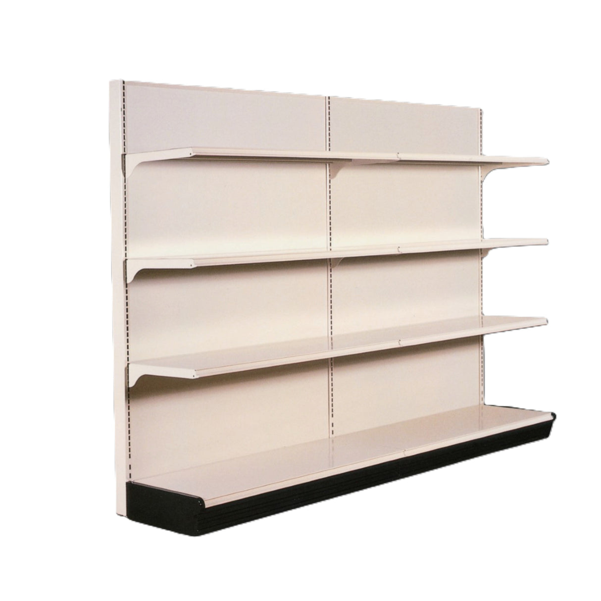 A Kent Unlimited ivory wall unit features four flat, evenly spaced shelves and a black base shelf supported by metal uprights with adjustment slots—an ideal wall storage solution for any retail space.