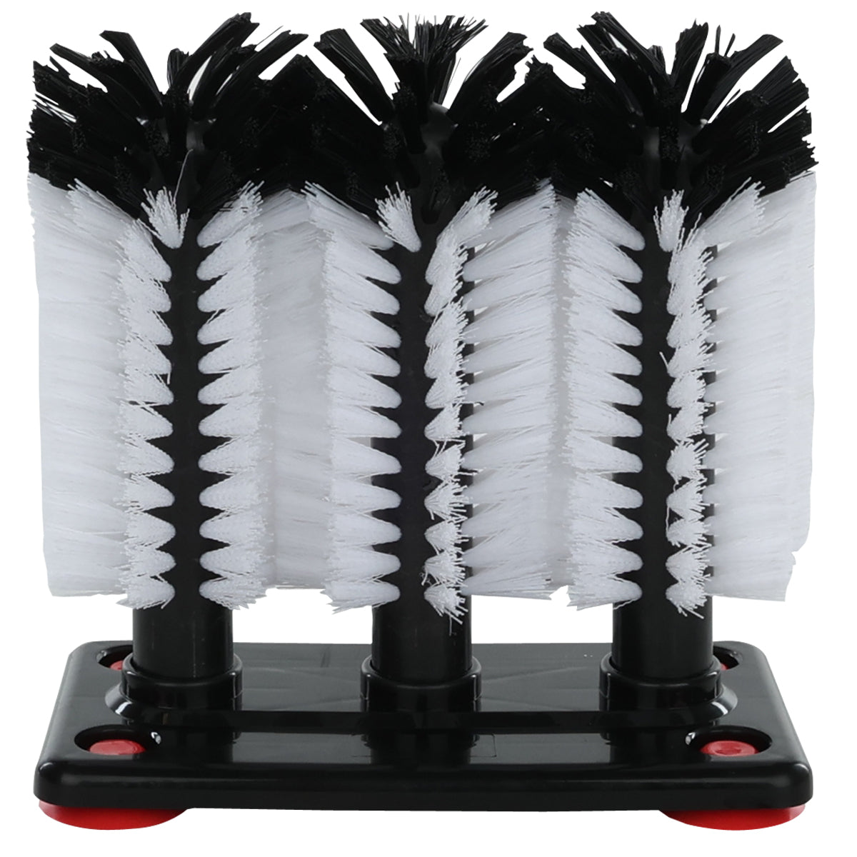 A close-up of a triple glass washing brush—part of a professional-grade bar glassware cleaning system—with four vertical cylindrical brushes, three with white bristles and one black, on a black base with red suction cups at the corners.