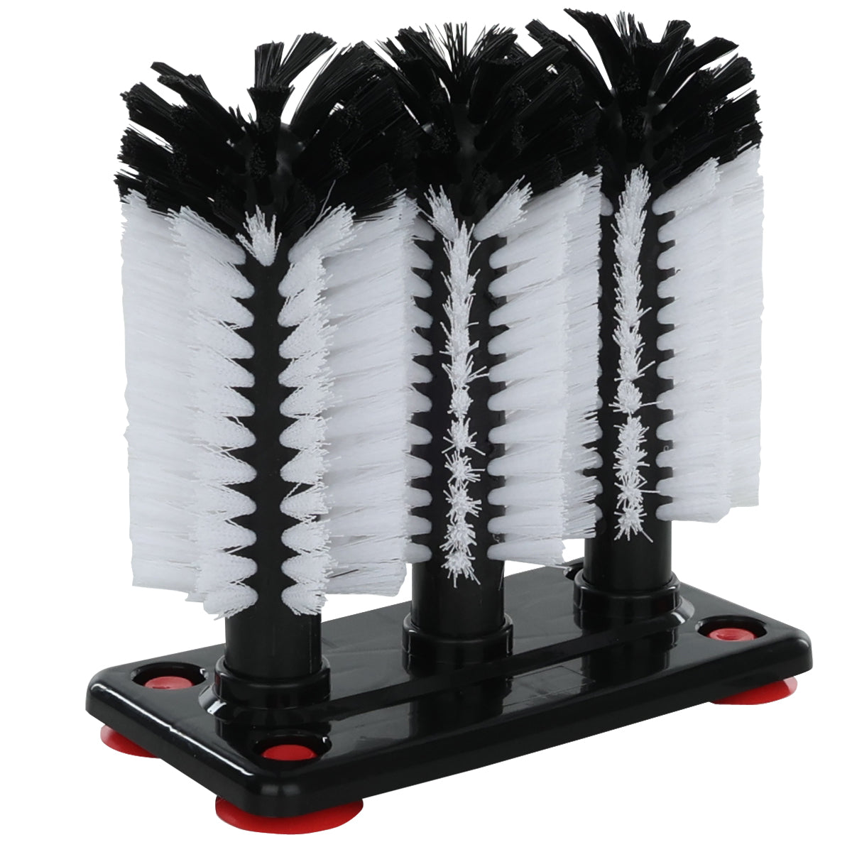 A black base holds a triple glass washing brush with dense bristles—white in the center, black at the tips—for cleaning bottles or glasses. Four red suction cups ensure stability in this professional-grade bar glassware cleaning system.