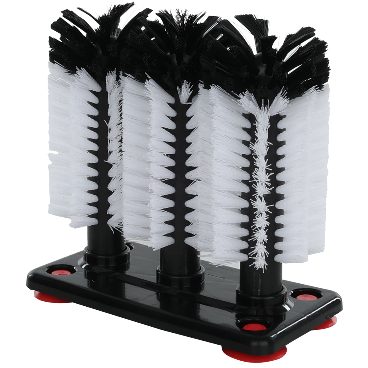 A black plastic base holds a triple glass washing brush with dense black bristles at the top and white bristles along the sides. The base features four red suction cups at each corner, making it a professional-grade bar glassware cleaning system.